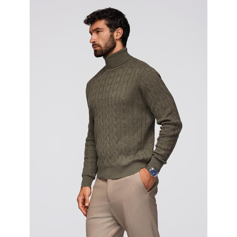 Pánský svetr s rolákem a kostkovaným vzorem – olivová V2 OM-SWTN-0157