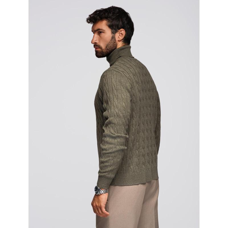 Pánský svetr s rolákem a kostkovaným vzorem – olivová V2 OM-SWTN-0157