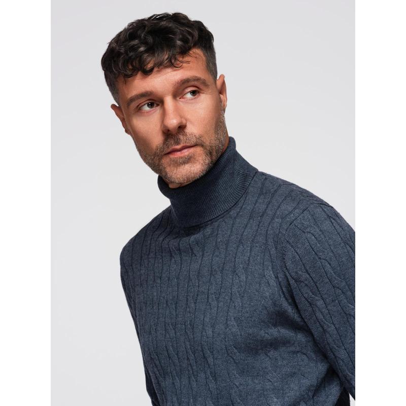 Pánský svetr s rolákem a kostkovaným vzorem – tmavě modrá V3 OM-SWTN-0157