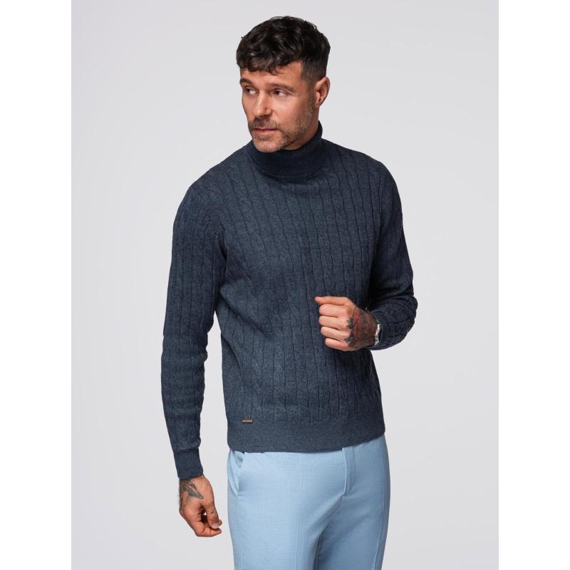Pánský svetr s rolákem a kostkovaným vzorem – tmavě modrá V3 OM-SWTN-0157