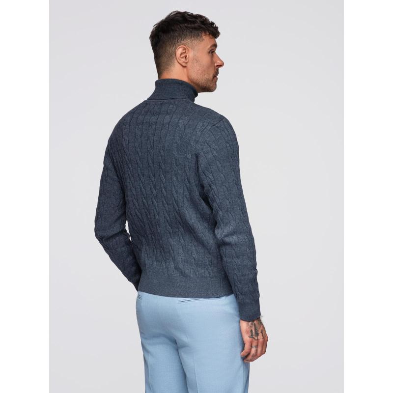 Pánský svetr s rolákem a kostkovaným vzorem – tmavě modrá V3 OM-SWTN-0157