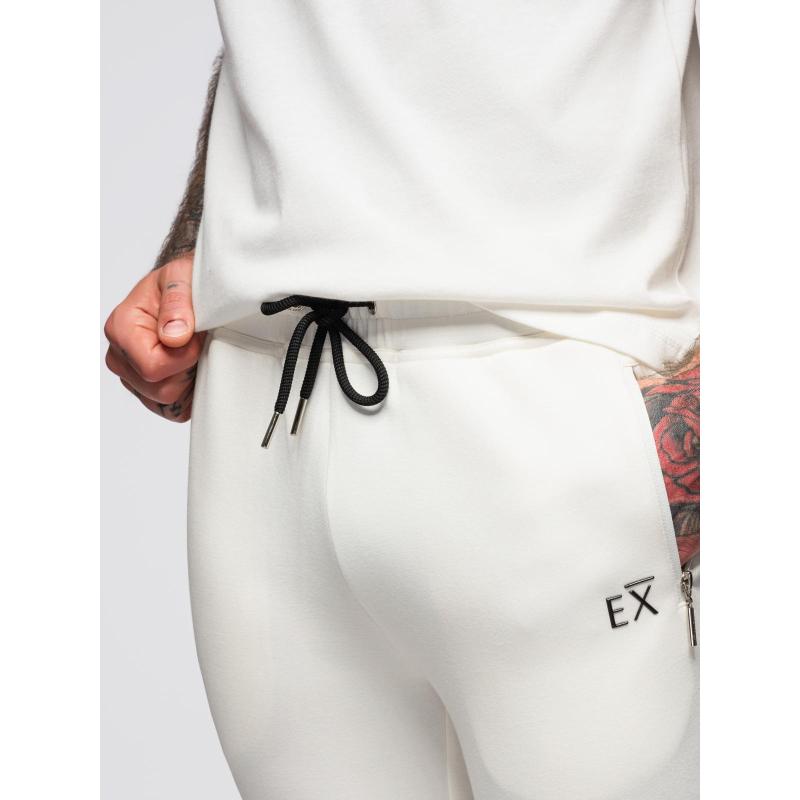 Pánské tepláky s žebrovanými nohavicemi a gumovým potiskem – bílé V2 OM-PASK-0223