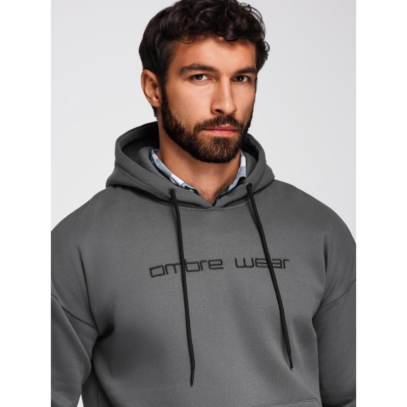 Pánská mikina s kapucí a výšivkou – grafitová V2 OM-SSNZ-0241