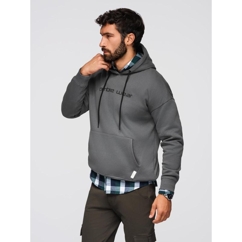 Pánská mikina s kapucí a výšivkou – grafitová V2 OM-SSNZ-0241