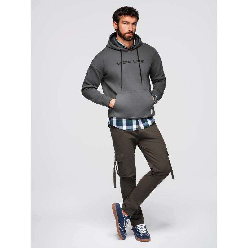 Pánská mikina s kapucí a výšivkou – grafitová V2 OM-SSNZ-0241