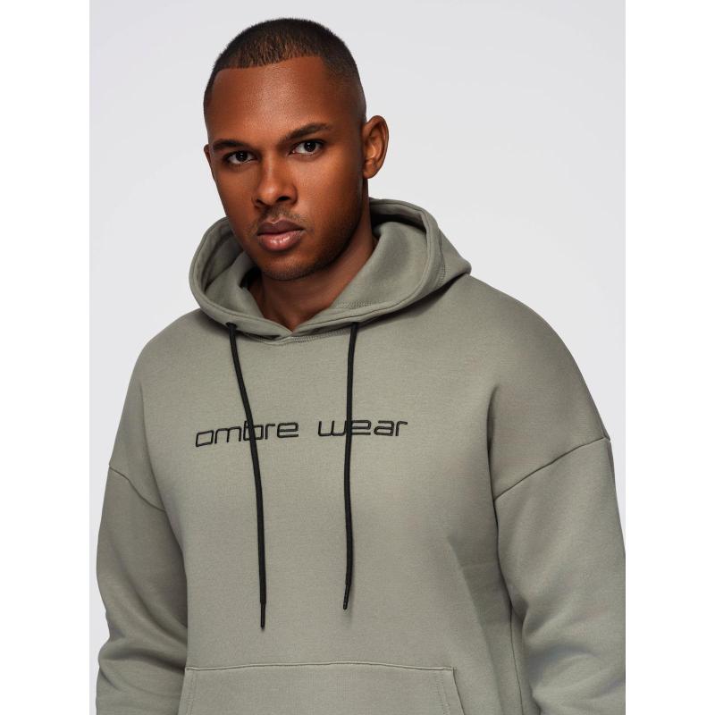 Pánská mikina s kapucí a výšivkou – khaki V3 OM-SSNZ-0241