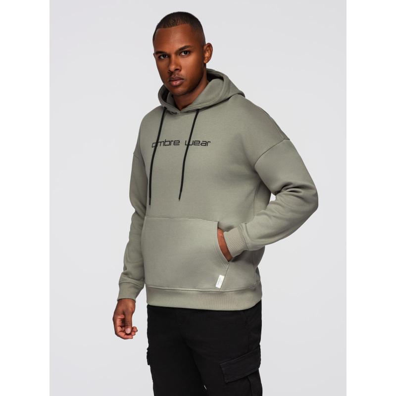 Pánská mikina s kapucí a výšivkou – khaki V3 OM-SSNZ-0241