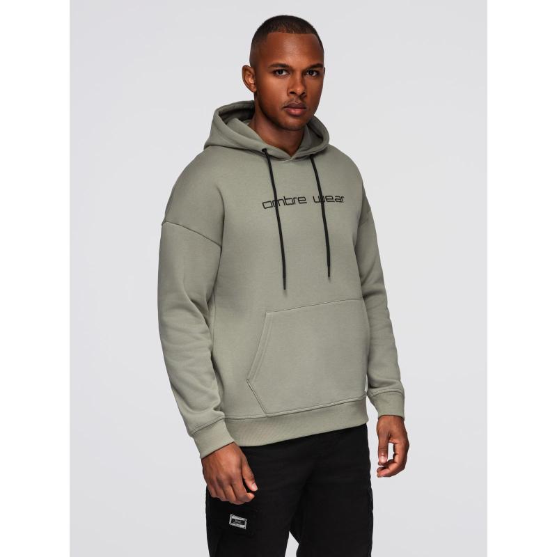 Pánská mikina s kapucí a výšivkou – khaki V3 OM-SSNZ-0241