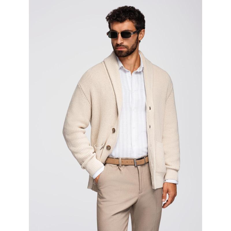 Férfi pamut pulóver sálgallérral – bézs V2 OM-SWCD-0153