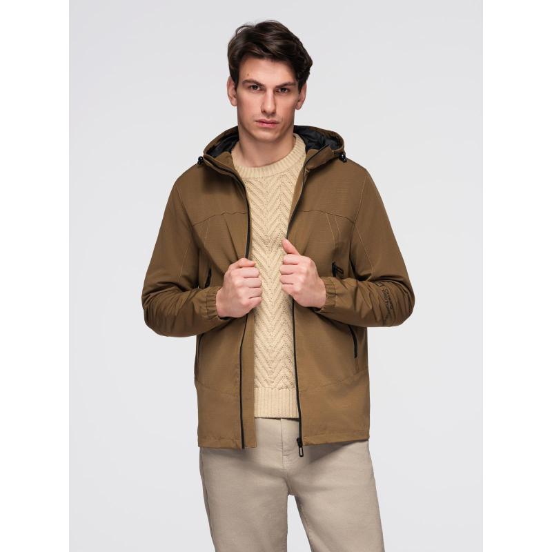 Pánska ľahká bunda s nepremokavou vrstvou a kapucňou – hnedá V2 C638