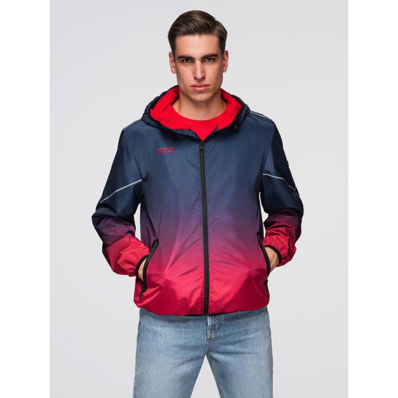 Pánská sportovní bunda s ombré efektem, reflexními prvky a fleecovou podšívkou – tmavě modrá a červená V3 C641