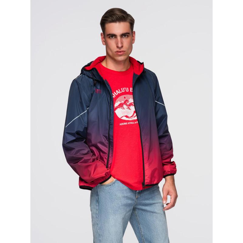 Pánská sportovní bunda s ombré efektem, reflexními prvky a fleecovou podšívkou – tmavě modrá a červená V3 C641