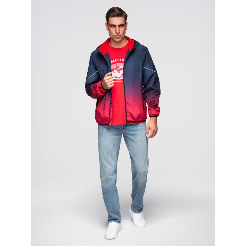 Pánská sportovní bunda s ombré efektem, reflexními prvky a fleecovou podšívkou – tmavě modrá a červená V3 C641
