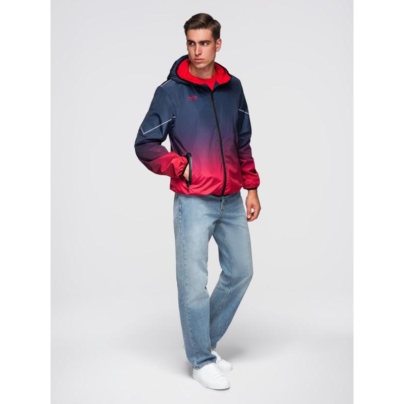 Pánská sportovní bunda s ombré efektem, reflexními prvky a fleecovou podšívkou – tmavě modrá a červená V3 C641