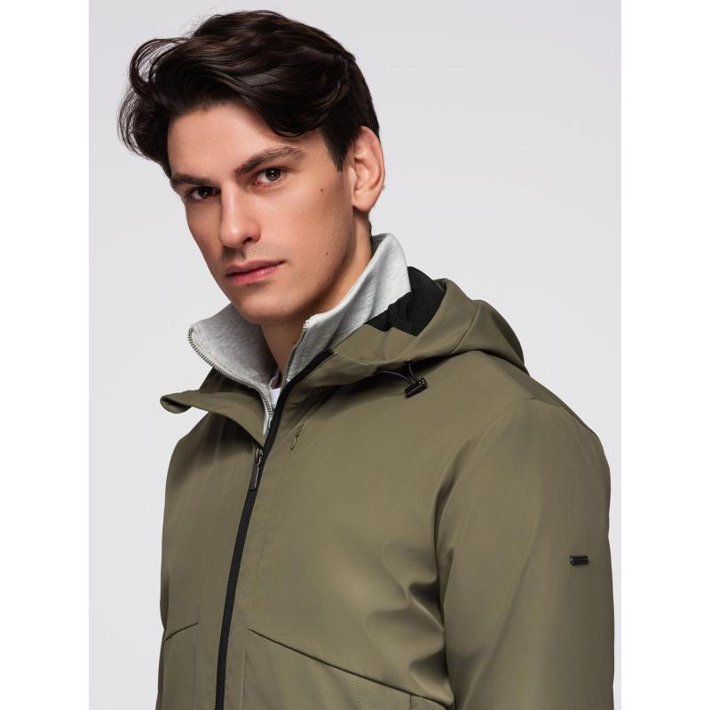 Pánska ľahká bunda s kapucňou a sieťovanou podšívkou – olivová V2 C640