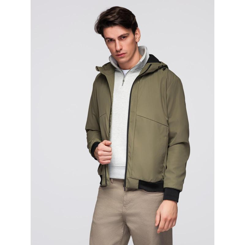 Pánska ľahká bunda s kapucňou a sieťovanou podšívkou – olivová V2 C640