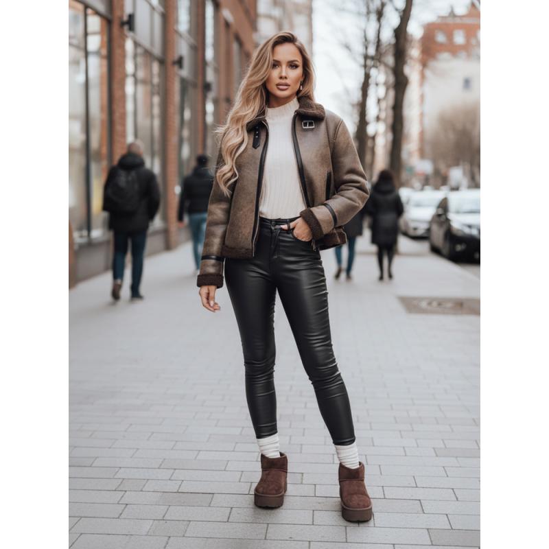 Dámska semišová bunda s kožušinou KASAMIRA kávová