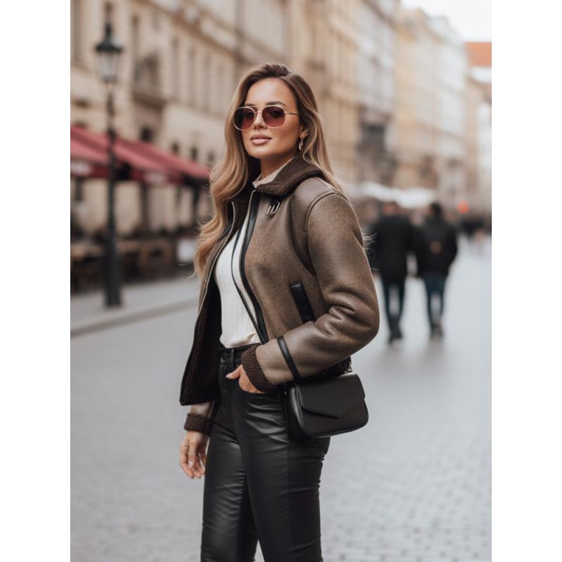 Dámska semišová bunda s kožušinou KASAMIRA kávová