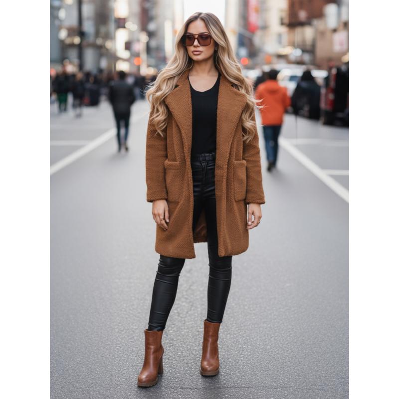 Dámský zimní kabát s kožešinou, hnědý