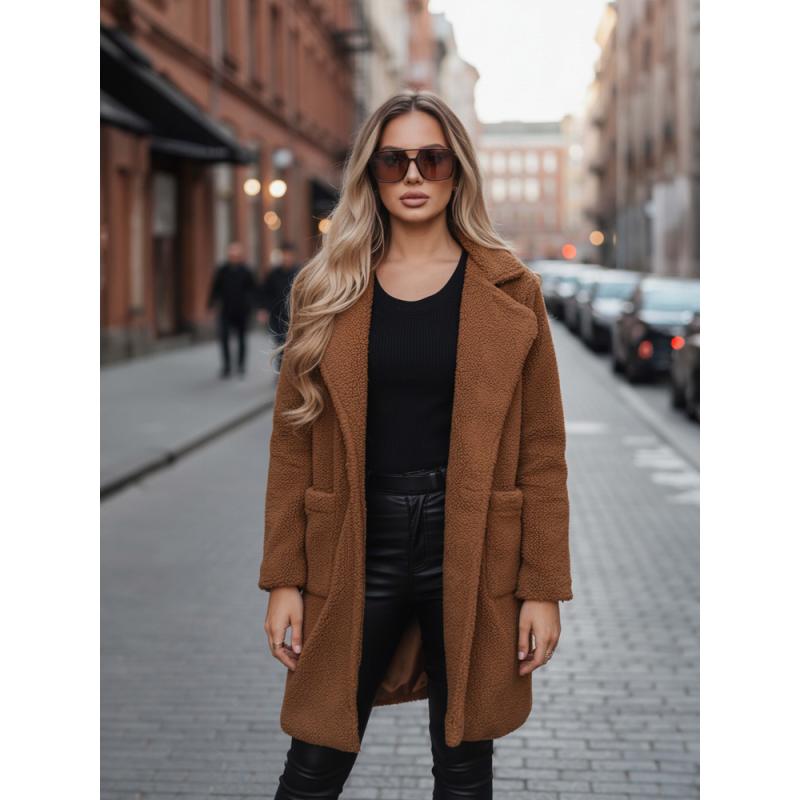 Dámský zimní kabát s kožešinou, hnědý