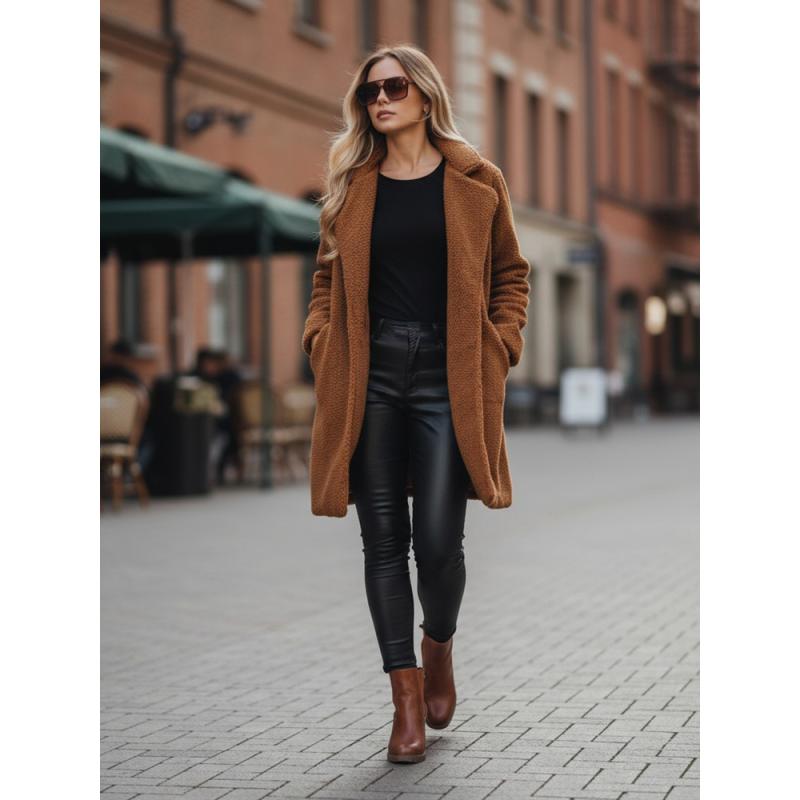 Dámský zimní kabát s kožešinou, hnědý