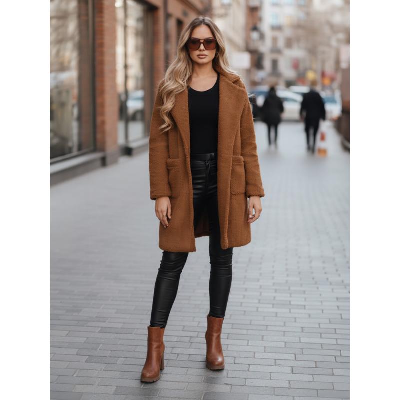 Dámský zimní kabát s kožešinou, hnědý