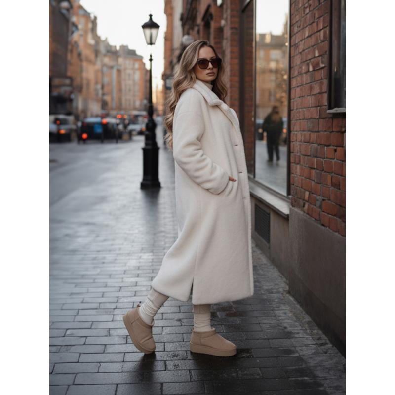 Dámský zimní kabát s kožešinou, dlouhý, krémový