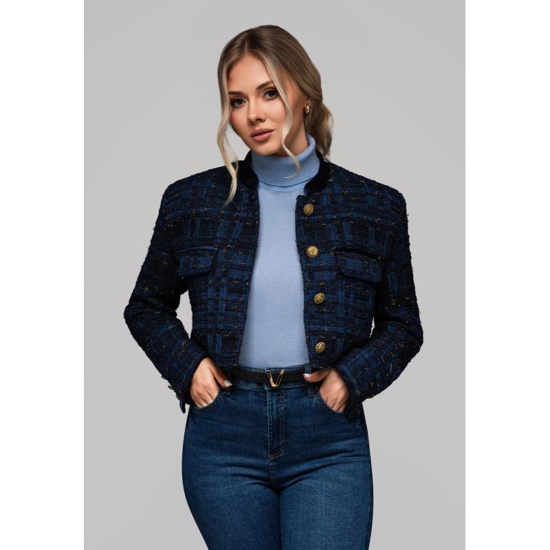 Krátká dámská bunda typu chanel OW-BLZB-0102 v1 – tmavě modrá