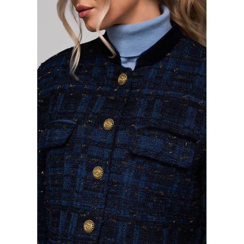 Krátká dámská bunda typu chanel OW-BLZB-0102 v1 – tmavě modrá