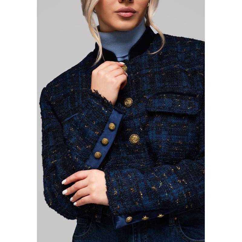 Krátká dámská bunda typu chanel OW-BLZB-0102 v1 – tmavě modrá