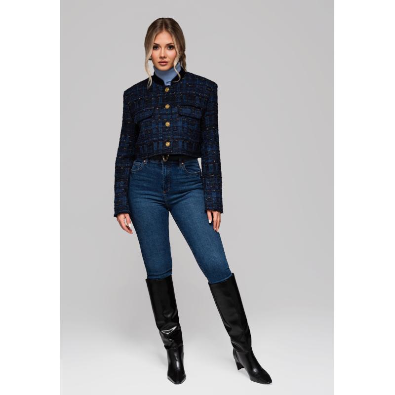 Krátká dámská bunda typu chanel OW-BLZB-0102 v1 – tmavě modrá