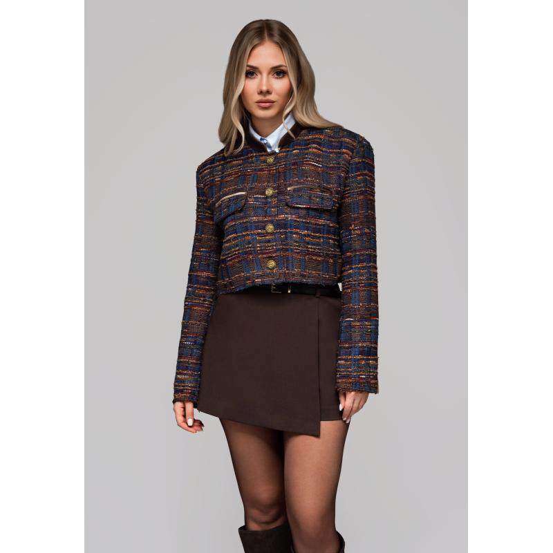 Krátká dámská bunda typu chanel OW-BLZB-0102 v2 – hnědá