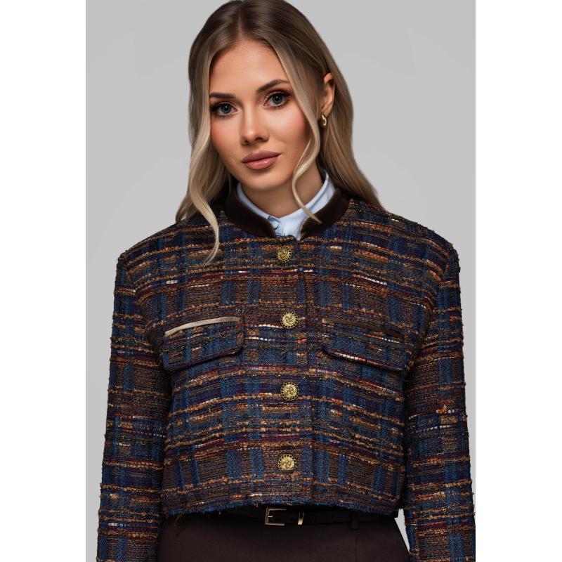 Krátká dámská bunda typu chanel OW-BLZB-0102 v2 – hnědá