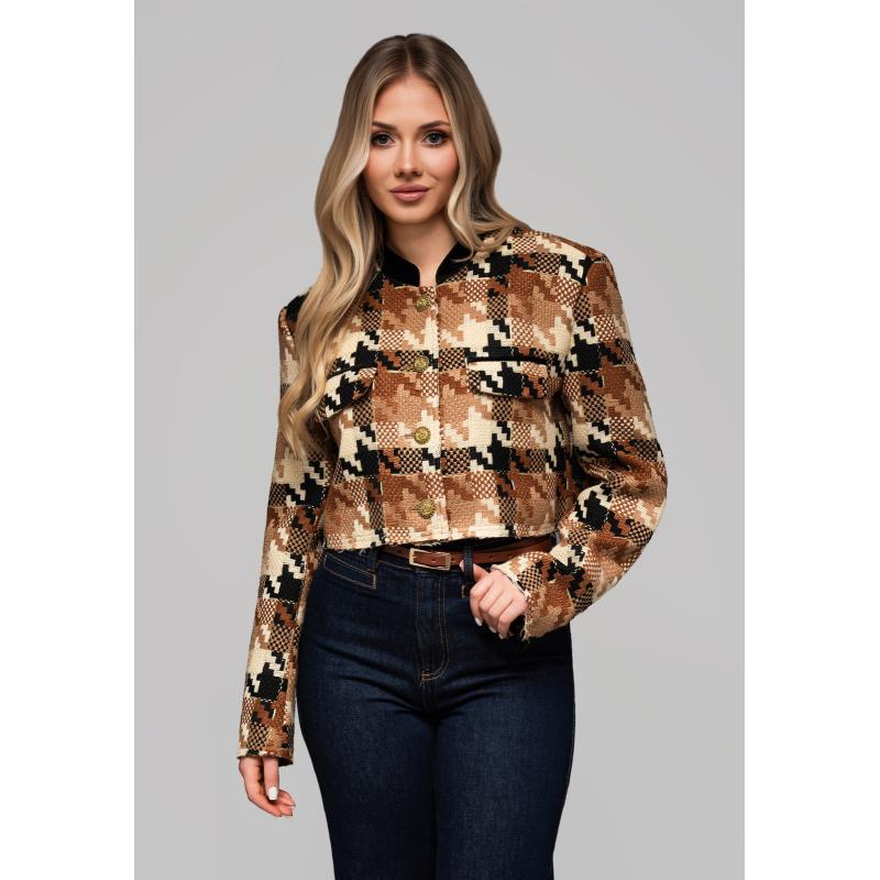 Krátká dámská bunda s vlnou OW-BLZB-0103 v1 – hnědá