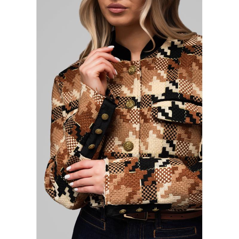 Krátká dámská bunda s vlnou OW-BLZB-0103 v1 – hnědá