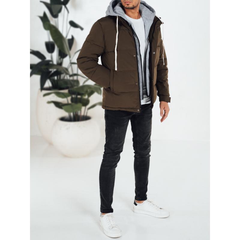 Pánska zimná prešívaná bunda s kapucňou, khaki