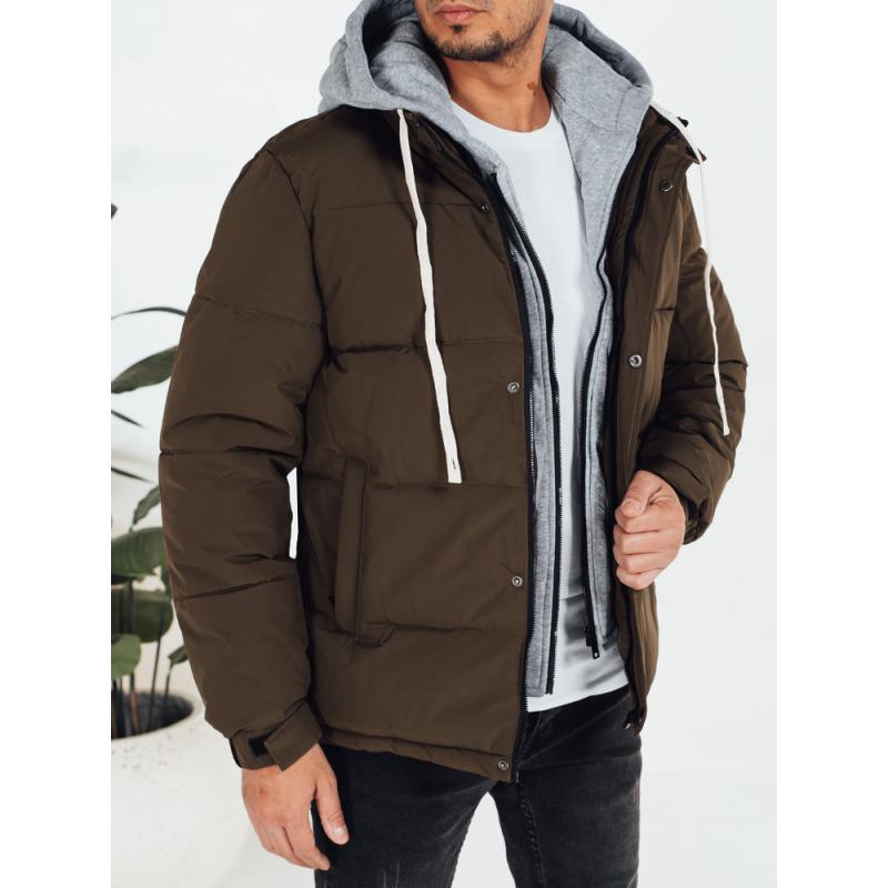 Pánska zimná prešívaná bunda s kapucňou, khaki