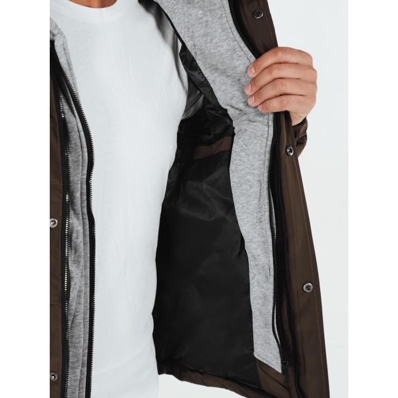 Pánska zimná prešívaná bunda s kapucňou, khaki