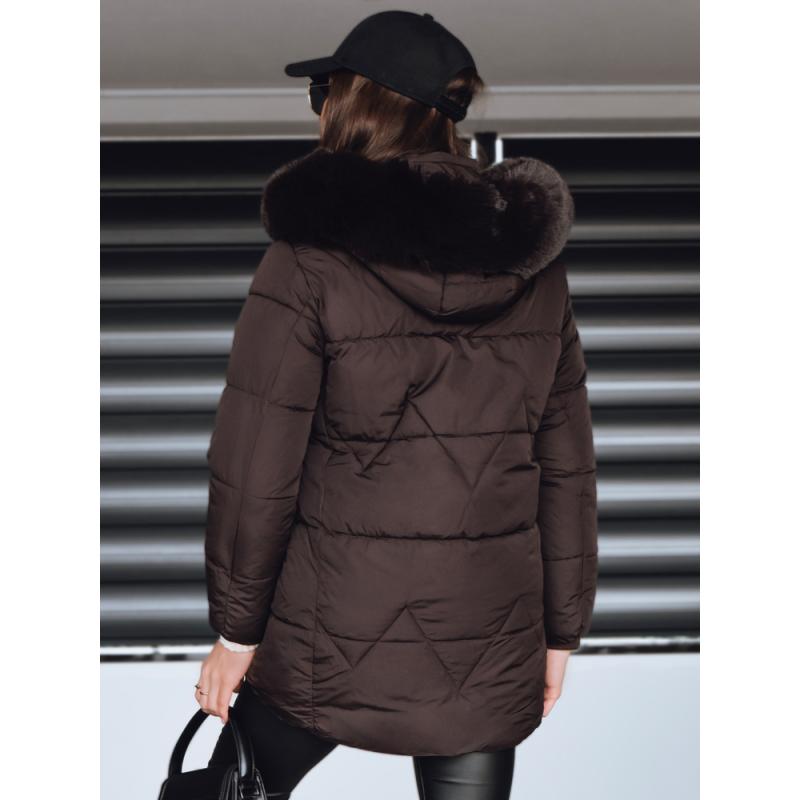 Dámská zimní prošívaná bunda s kapucí, hnědá