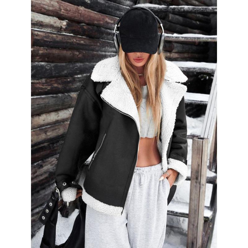 Dámská bunda typu ramoneska s kožešinou, černá