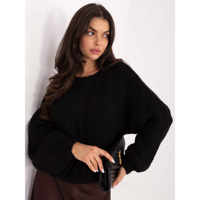 Černý oversize svetr s copánkovým vzorem