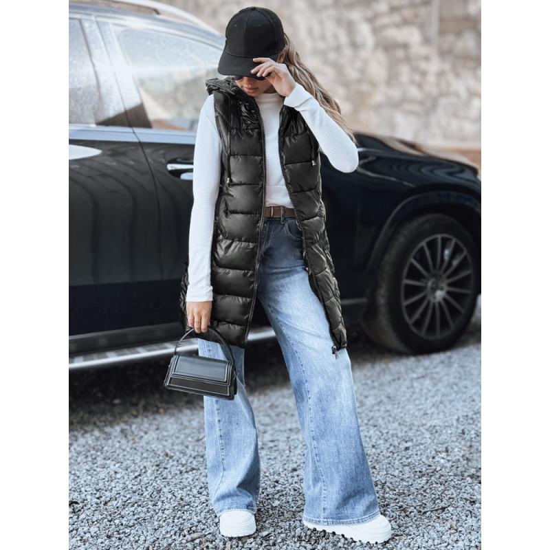 Dámska prešívaná vesta s kapucňou, čierna