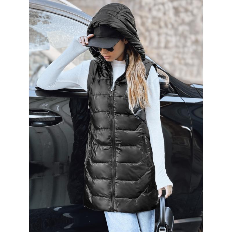 Dámska prešívaná vesta s kapucňou, čierna