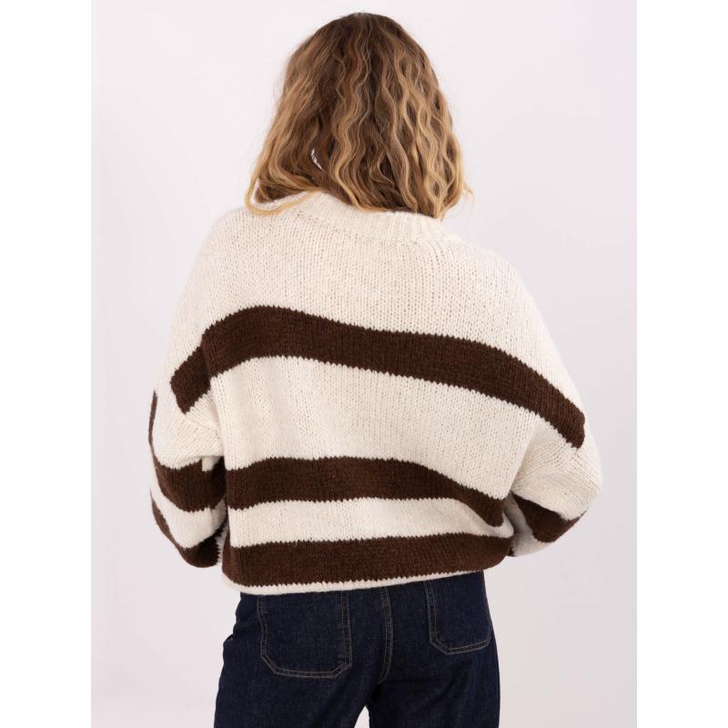 Ecru-hnědý dámský oversize svetr s pruhy