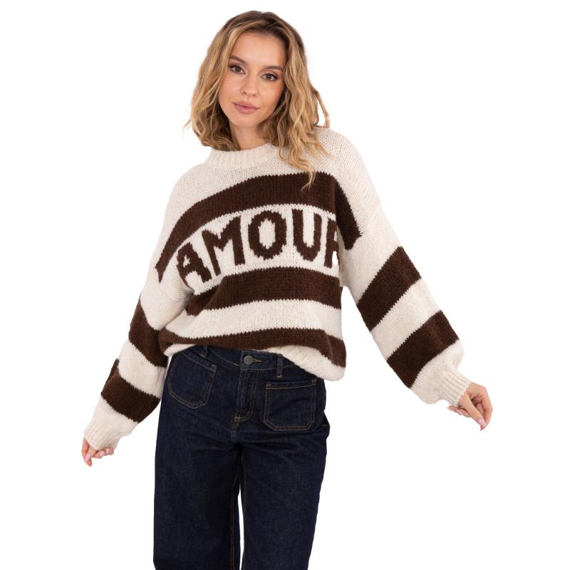 Ecru-hnědý dámský oversize svetr s pruhy