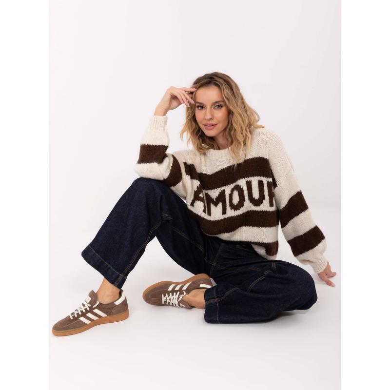Ecru-hnědý dámský oversize svetr s pruhy