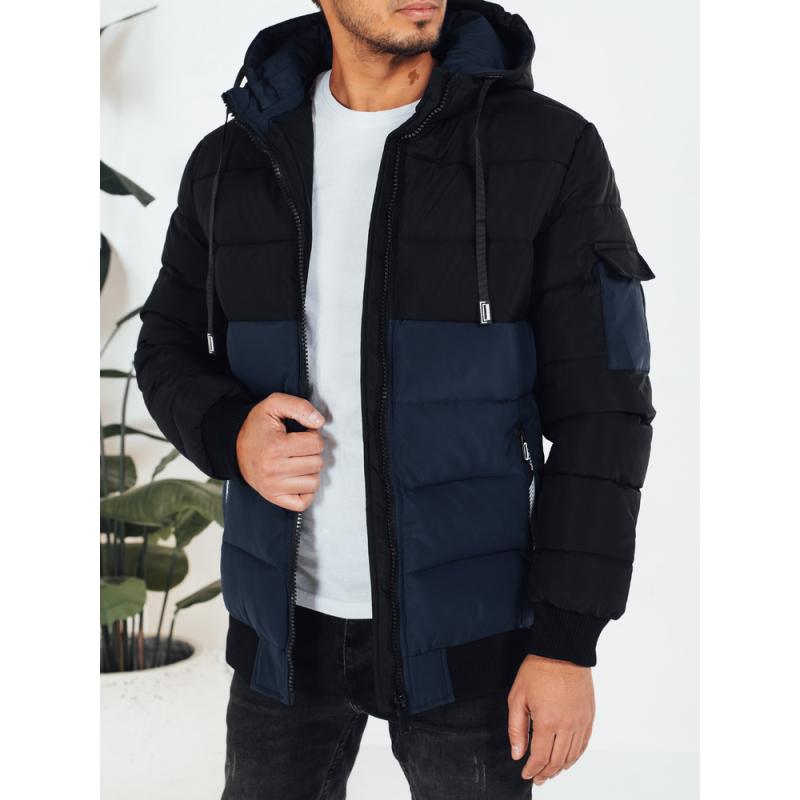 Pánska zimná bunda s kapucňou, tmavomodrá a čierna