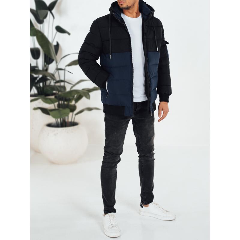 Pánska zimná bunda s kapucňou, tmavomodrá a čierna