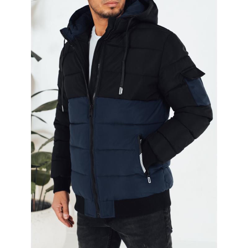 Pánska zimná bunda s kapucňou, tmavomodrá a čierna