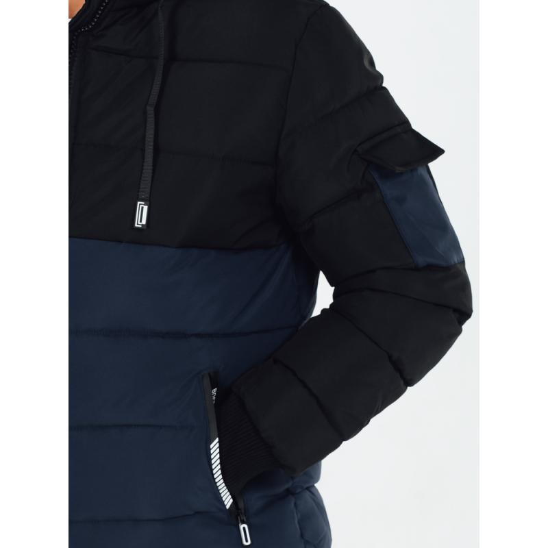 Pánska zimná bunda s kapucňou, tmavomodrá a čierna